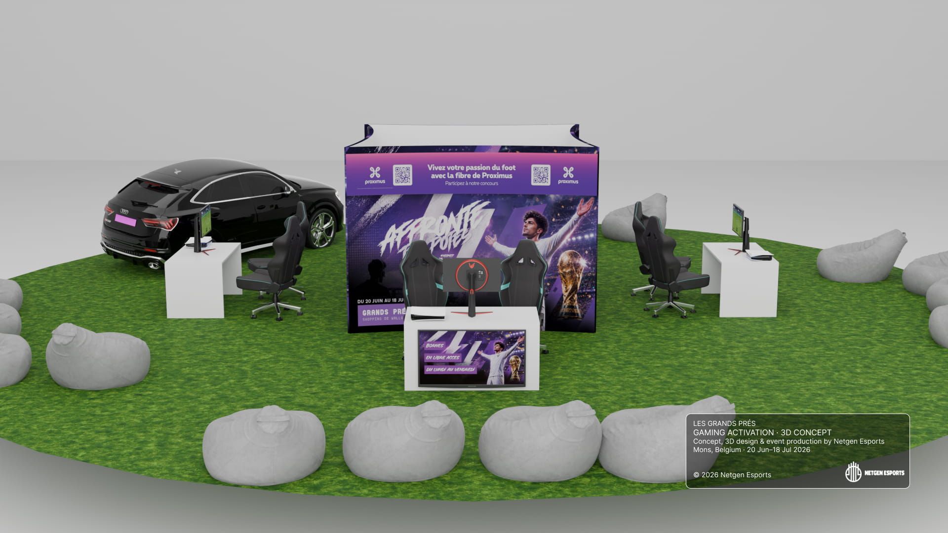 Plan 3D de l'activation gaming conçue par Netgen Esports pour le centre commercial Les Grands Prés à Mons, avec quatre stations dans la rotonde Brice.