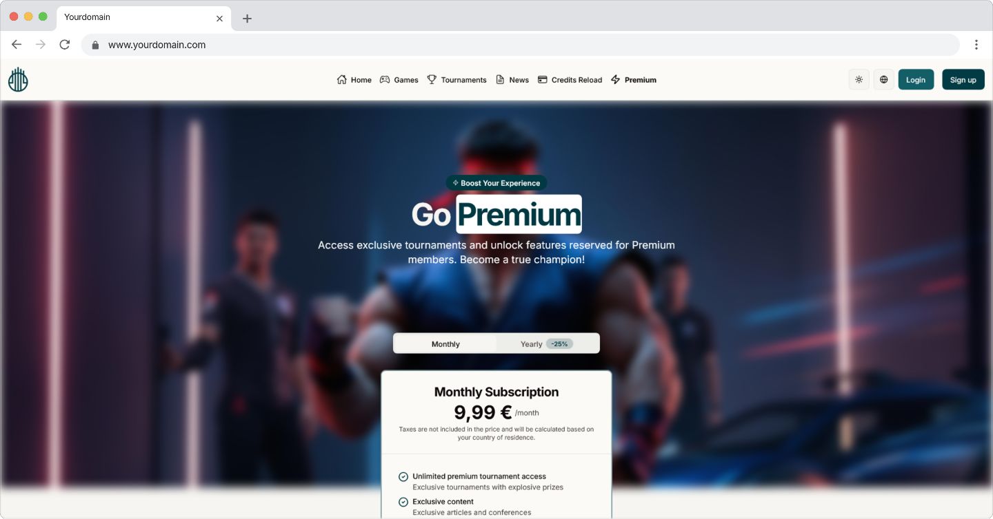 Esports Platform subscription premium interface showing premium features and benefits